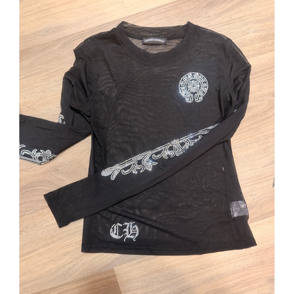 Chrome Hearts Hong Kong Rhinestone Horseshoe Mesh Long Sleeve Top Black M